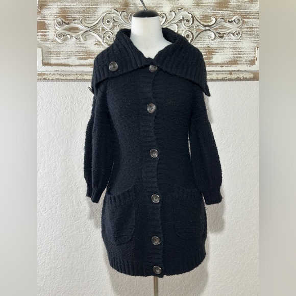 Free People Sweaters - Free People Black Large Buttons Wool Blend Balloon Sleeves Long Cardigan Small